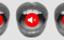 A series of three black-and-white talking mouths with red mute buttons over them