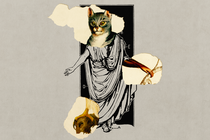 a human figure is wearing a toga but has a cat's head, a monkey's hand, and a bird's foot