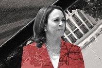 A collage showing Kamala Harris with a tilted White House and maps of China, Russia, Iran, and North Korea