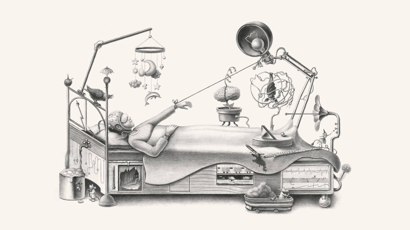 A black-and-white pencil-like illustration of a person in a bed surrounded by a number of gadgets meant to induce sleep: an eye mask, a helmet, a plant, a mobile, a brain-wave scanner.