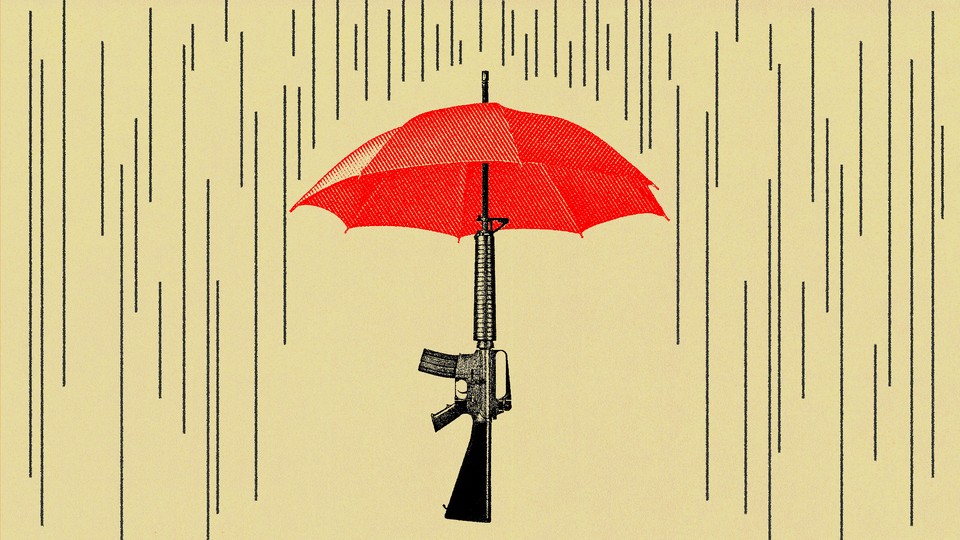 An illustration of an umbrella, with a gun as the umbrella shaft, blocking falling rain