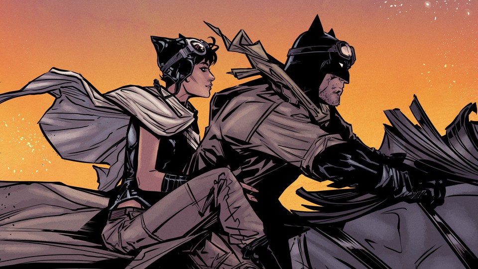 Catwoman and Batman riding on a horse