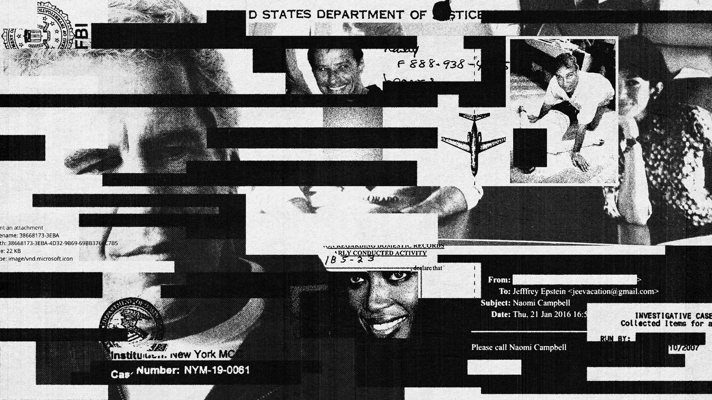 Black-and-white illustration of black redactions, Jeffrey Epstein, Jean-Luc Brunel, Andrew Mountbatten-Windsor, Ghislaine Maxwell, and various emails and government documents