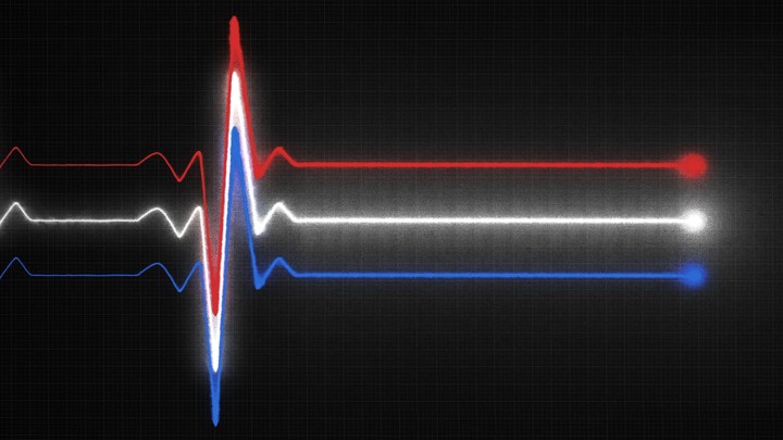 An illustration of a heart EKG reading in red, white, and blue.