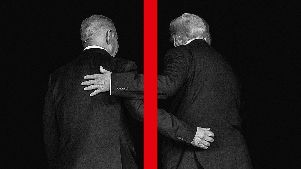 A photo-illustration showing Donald Trump and Benjamin Netanyahu separated by a red line