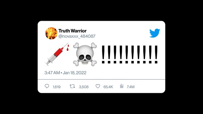 Une maquette d'un tweet envoyé par "Guerrier de la vérité" montrant une seringue, un crâne et des os croisés et plusieurs points d'exclamation