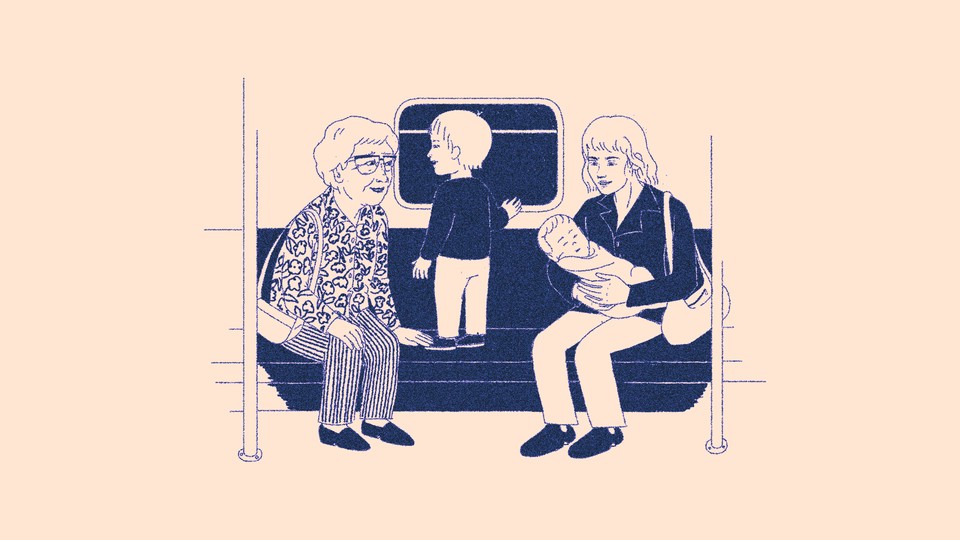 An older woman on the metro gently taps the foot of a child standing on the seat.