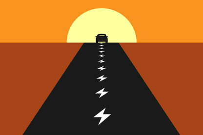 An illustration of a road with a dashed white line made of lightning bolts