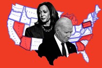 A photomontage involving pictures of Kamala Harris and Joe Biden overlaid in a political map