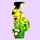 a silhouette of a pregnant person with art of a flowery field superimposed