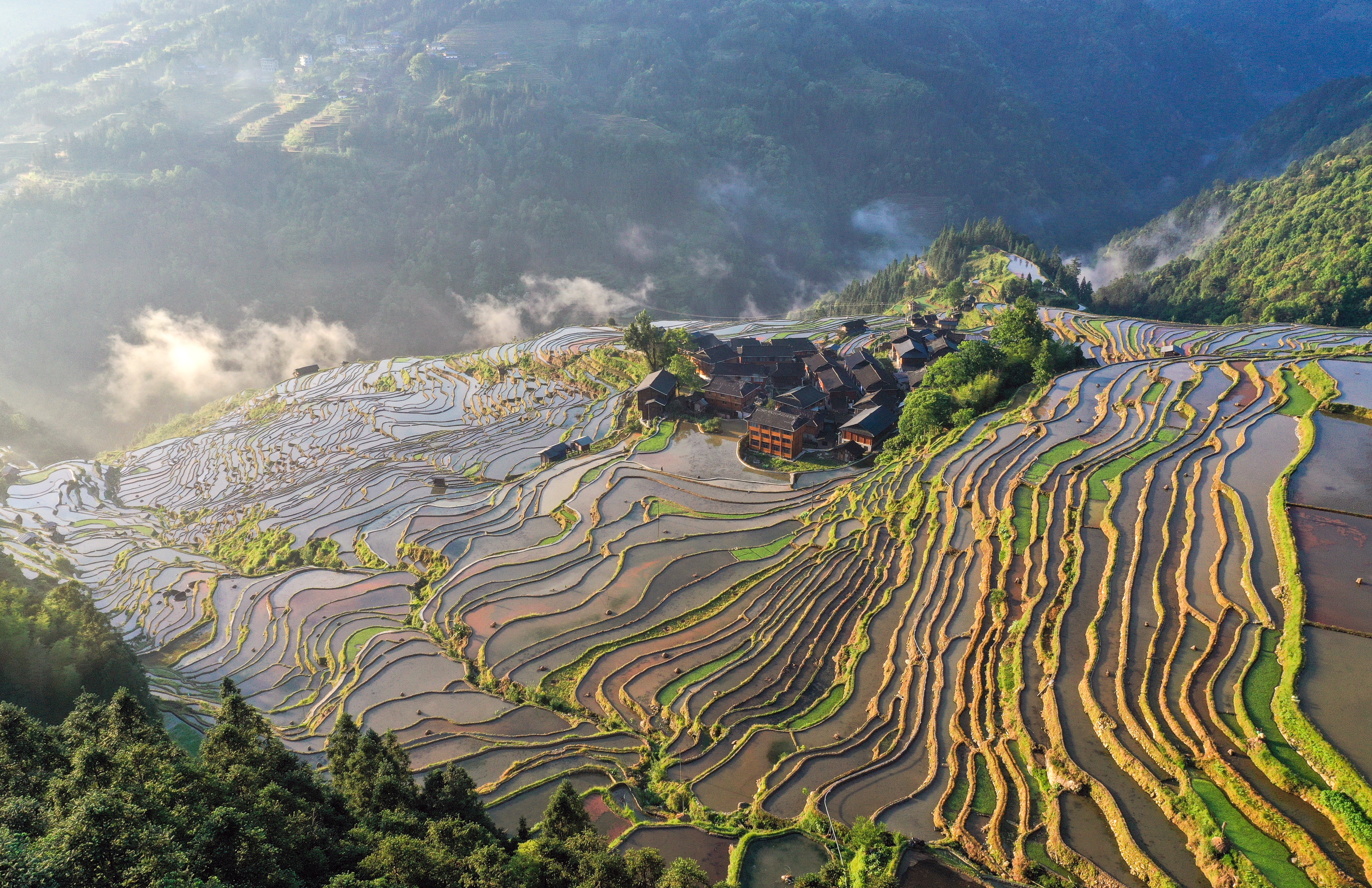 A view of terraced fields on a steep slope in China