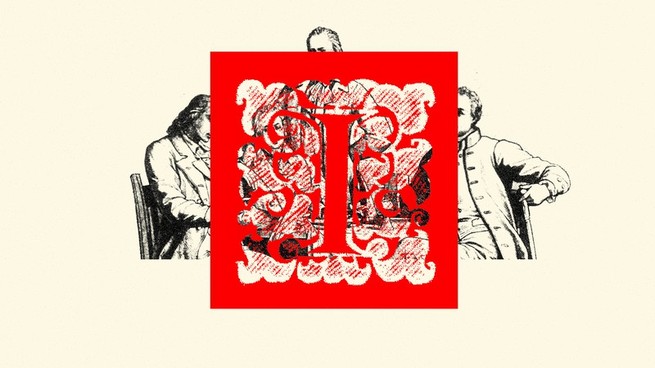 A red stamp over the etching of three men