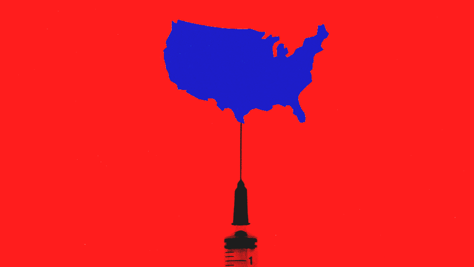 A blue map of the US teeters on the point of a vaccine's needle, against a red background