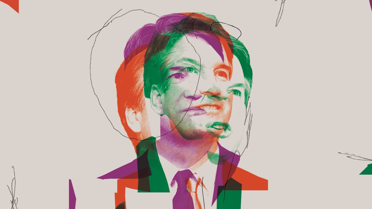 Illustration: 3 overlapping images of Brett Kavanaugh with different facial expressions (one green, one red, one purple)