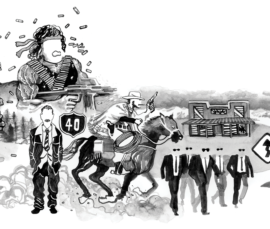 black-and-white pen-and-ink drawing: desert landscape, Rambo firing gun with shells flying, I-40 sign, rumpled figure in suit, silhouettes of Reservoir Dogs, wild west saloon