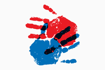 Red and blue handprints overlap.