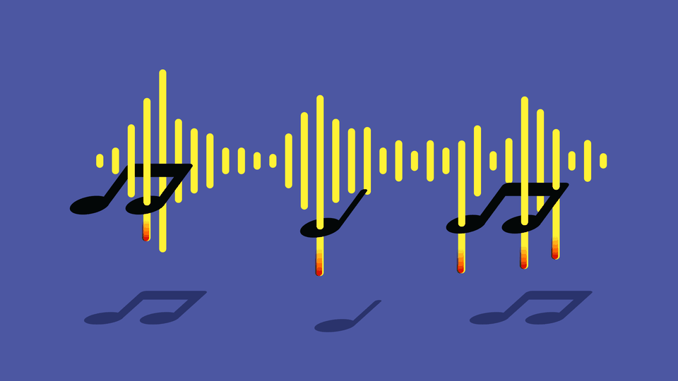 A photo illustration of musical notes stuck between a Spotify audio track