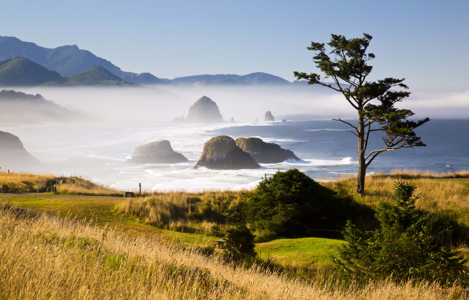 Morning fog lingers over part of the Oregon coast, with mountains and rock formations along the shore.