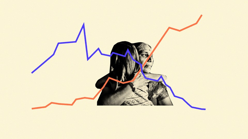 An illustration of an Indian woman with criss-crossing graph lines