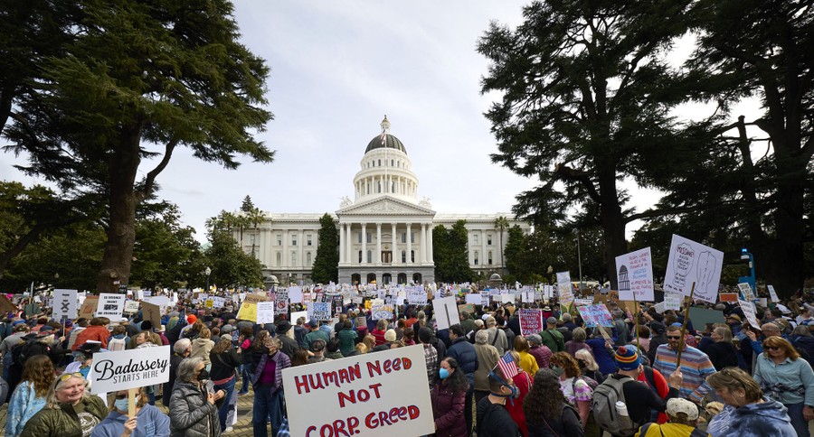 A crowd of protesters hold signs outside a state capitol building.