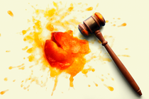 A judge's gavel next to a smashed peach