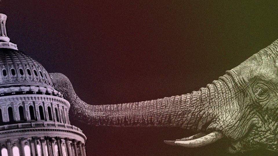 An illustration of an elephant pushing over the U.S. Capitol.