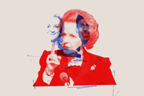 An illustration featuring an image of Margaret Thatcher, with Liz Truss and Rishi Sunak in the background.