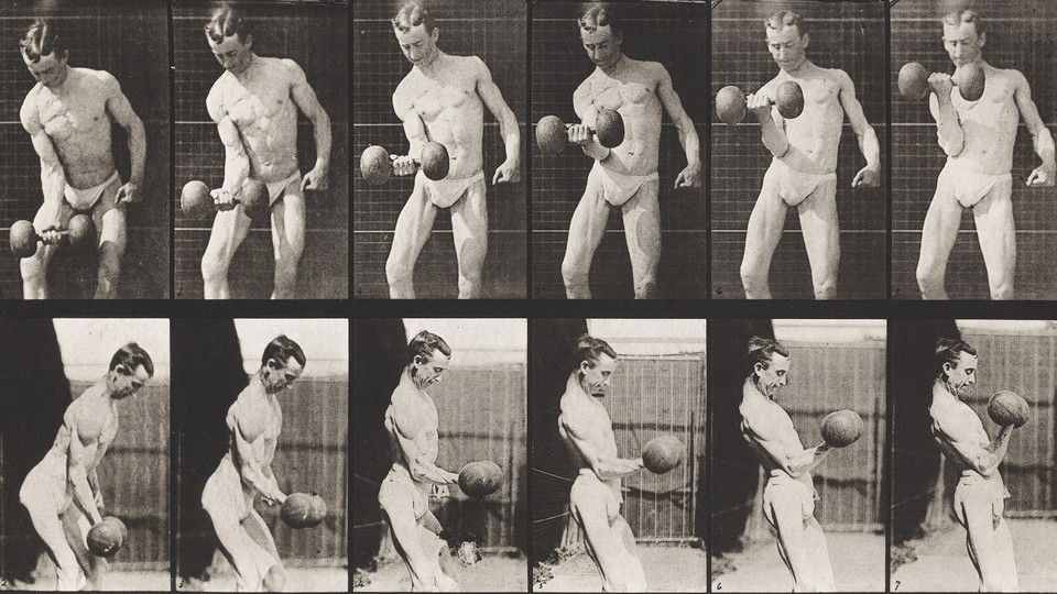 Still frames from black-and-white archival footage of two men, each lifting a barbell in their right hand