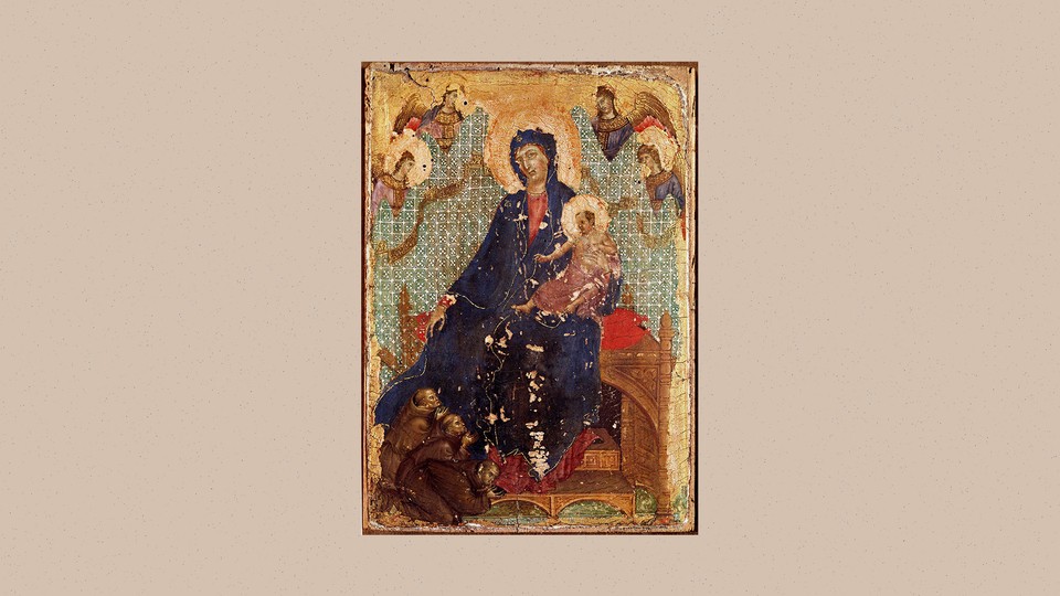 Three men in brown capes kneel at the base of Madonna's foot in a painting, with one of the men kissing her foot.