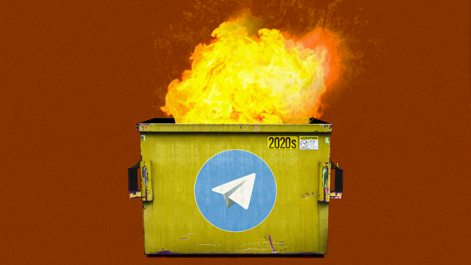 A dumpster fire with the Telegram logo superimposed