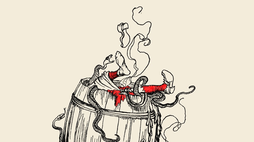 An illustration of a man in a barrel of snakes.