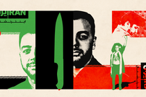 Graphic collage showing the Iranian flag, knives, and the journalists Pouria Zeraati and Masih Alinejad