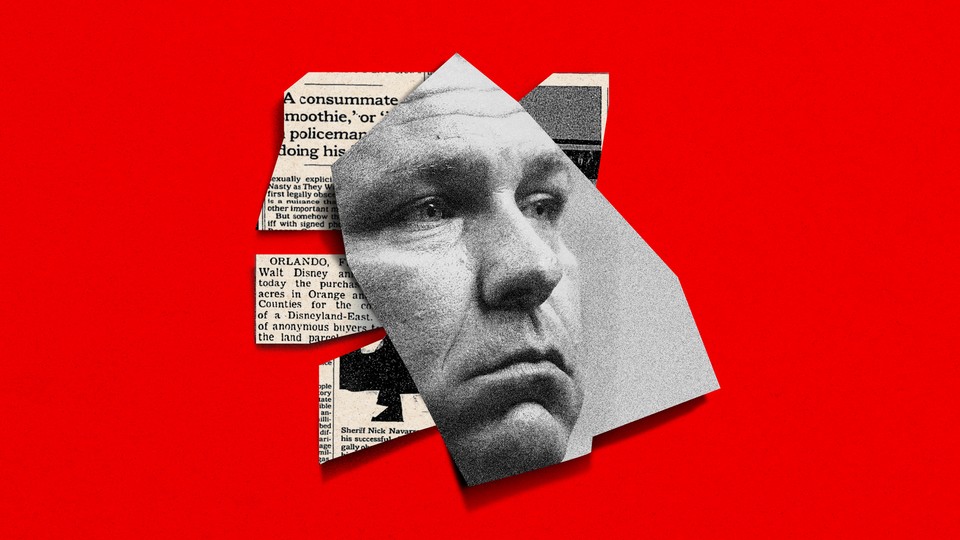 Collage showing the face of Ron DeSantis and newspaper clippings.