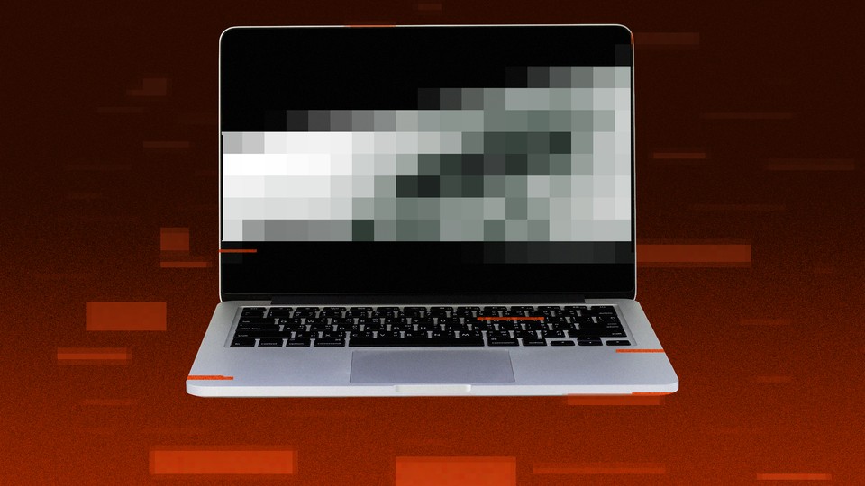 Illustration of a laptop with a pixelated screen in front of a red background