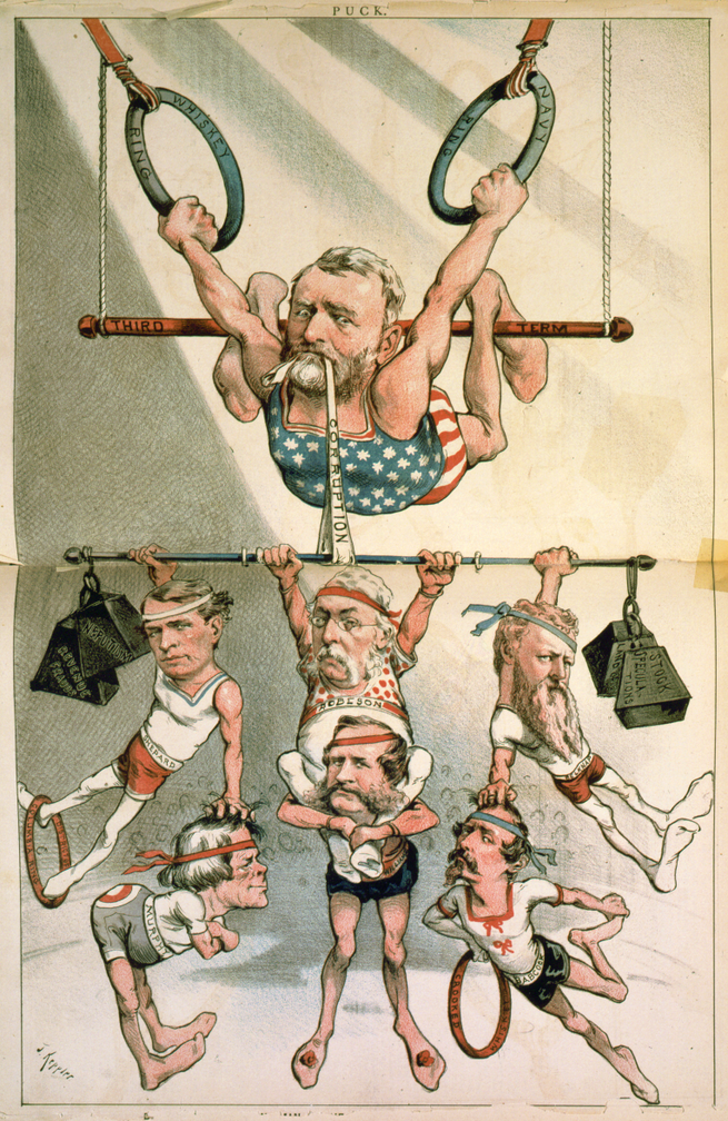 “Grant the Acrobat,” Joseph Ferdinand Keppler, in the humor magazine Puck, February 4, 1880, depicted Grant’s quest for a third term  as weighted down by his compromised appointees. William Belknap is in the top row, on the right. (Library of Congress)