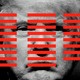 An illustration of a black-and-white photo of Donald Trump overlaid with three columns of horizontal red lines