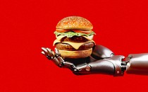 A robotic hand holds a cheeseburger
