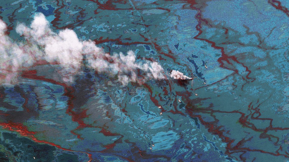 A satellite image of an oil spill in the Gulf of Mexico in 2010.