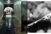 Photo of Pete Rose walking and a swinging baseball bat