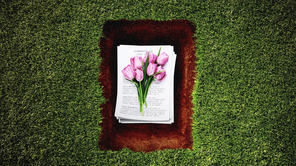 Illustration of a course syllabus lying in a grave