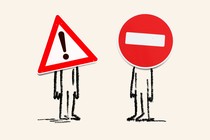 two characters standing apart from each other with cautionary road signs for faces