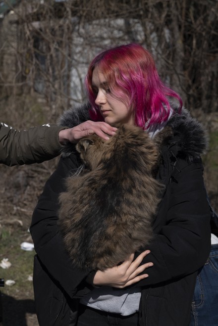 A woman holds a cat and an arm reaches in to pet it.