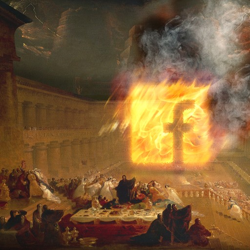 illustration with an 1820 painting of outdoor feast with people in historical dress fleeing a giant flaming Facebook logo in a colonnaded courtyard