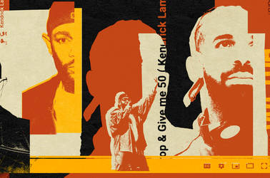 Collage in beige, red, black, and yellow of images of Kendrick Lamar and Drake