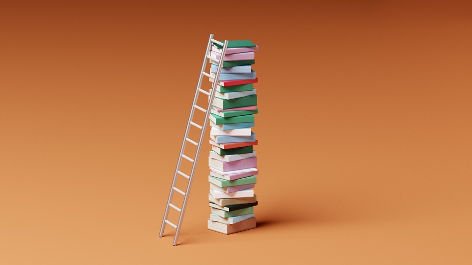 A stack of books with a ladder propped up against it