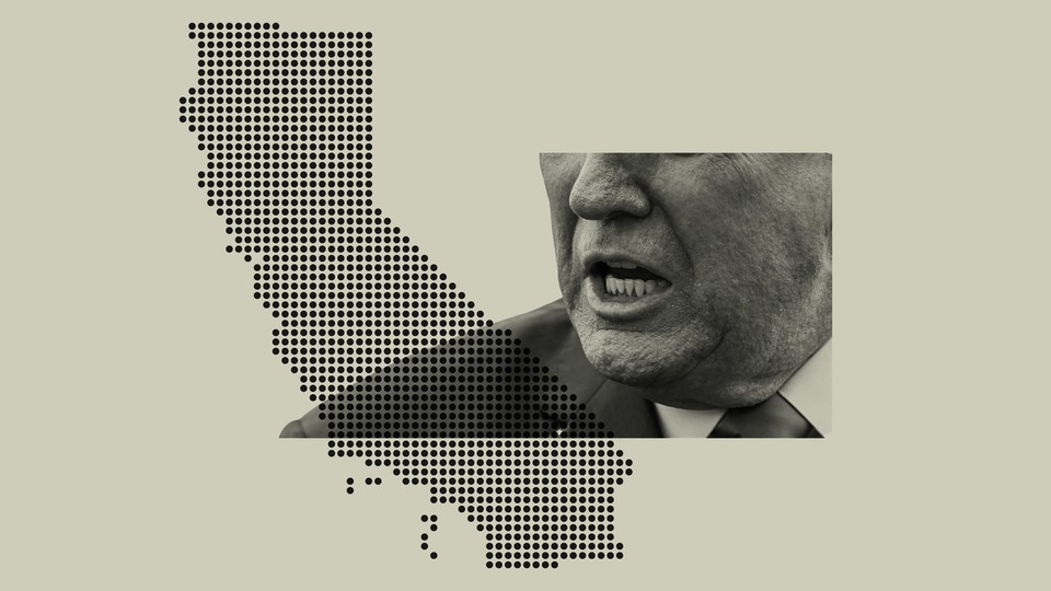 A dotted outline of California and an image of Trump speaking