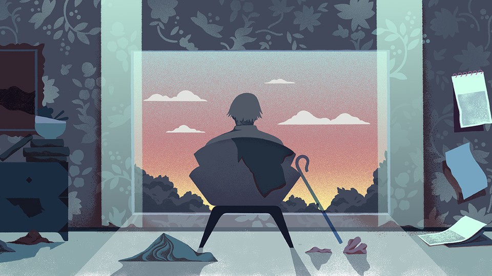 An illustration of an elderly man sitting in a darkened room looking out the window at a sunset.