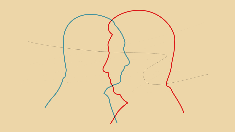Overlayed side profiles of Xi and Putin in red and blue