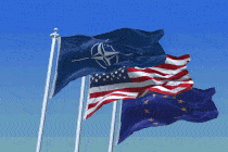 Animation of the U.S. flag waving between the NATO and EU flags, then disappearing