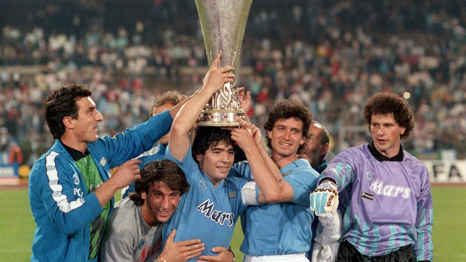 Diego Maradona celebrates UEFA Cup victory with teammates on May 17, 1989